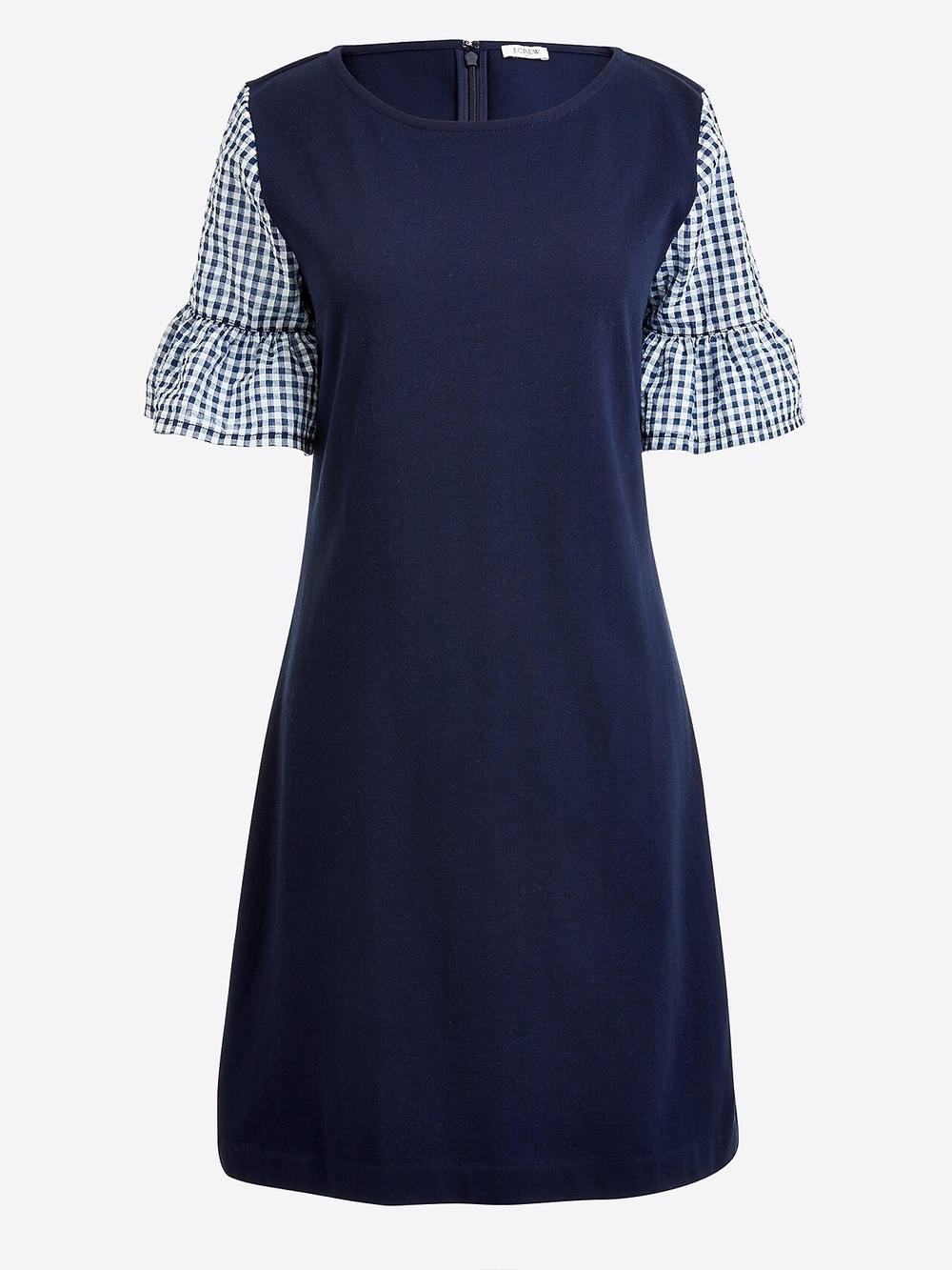 J.Crew Factory Gingham Bell Sleeve Knit Shift Dress Navy Blue Size S